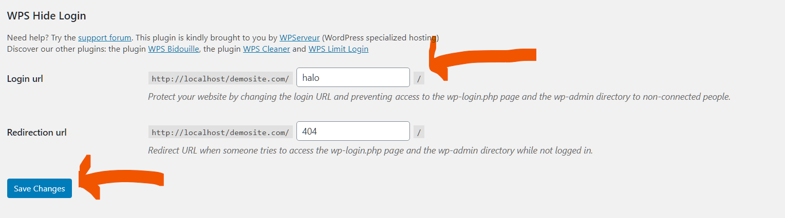 Save Changes button in WPS Hide Loing section in WordPress